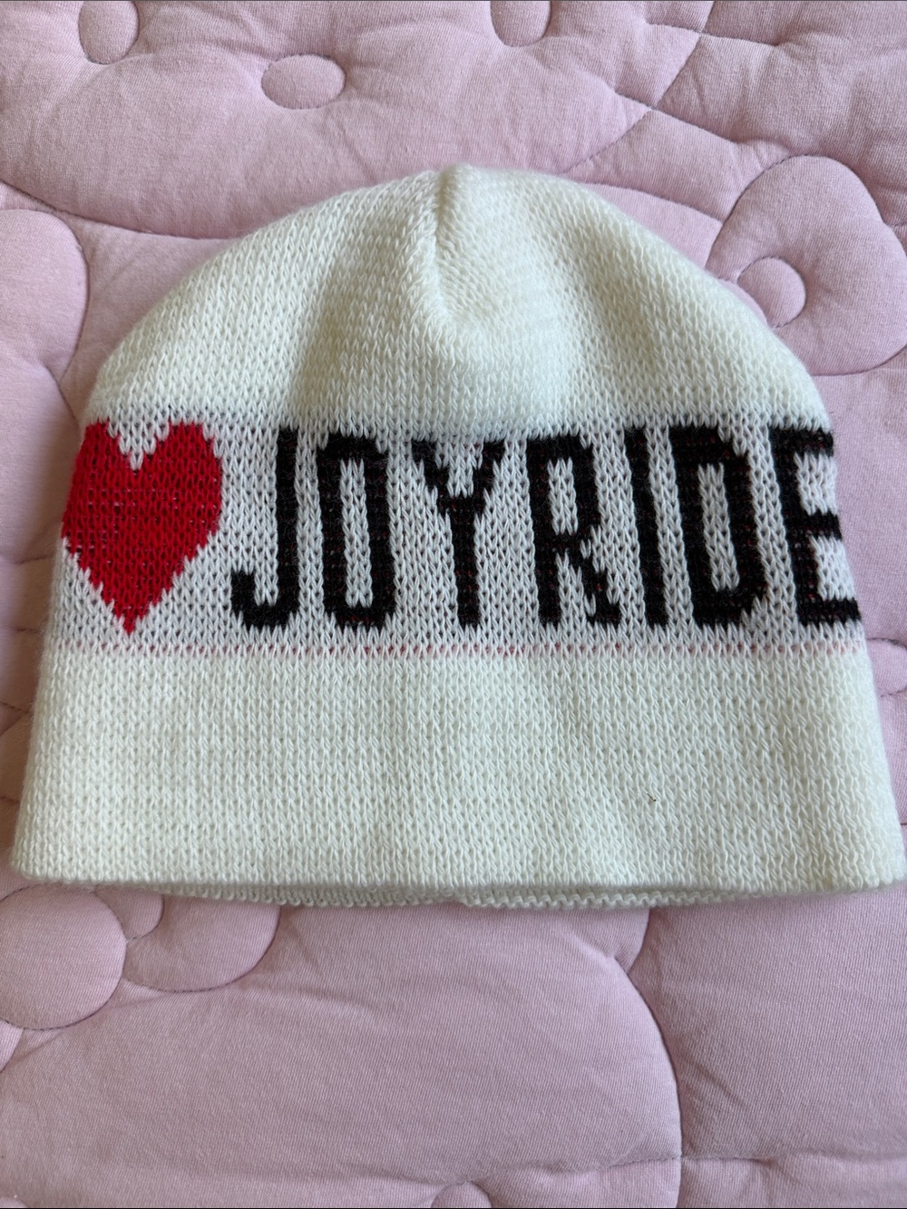 White "JOY RIDE" Knit Kids Beanie with Red Heart